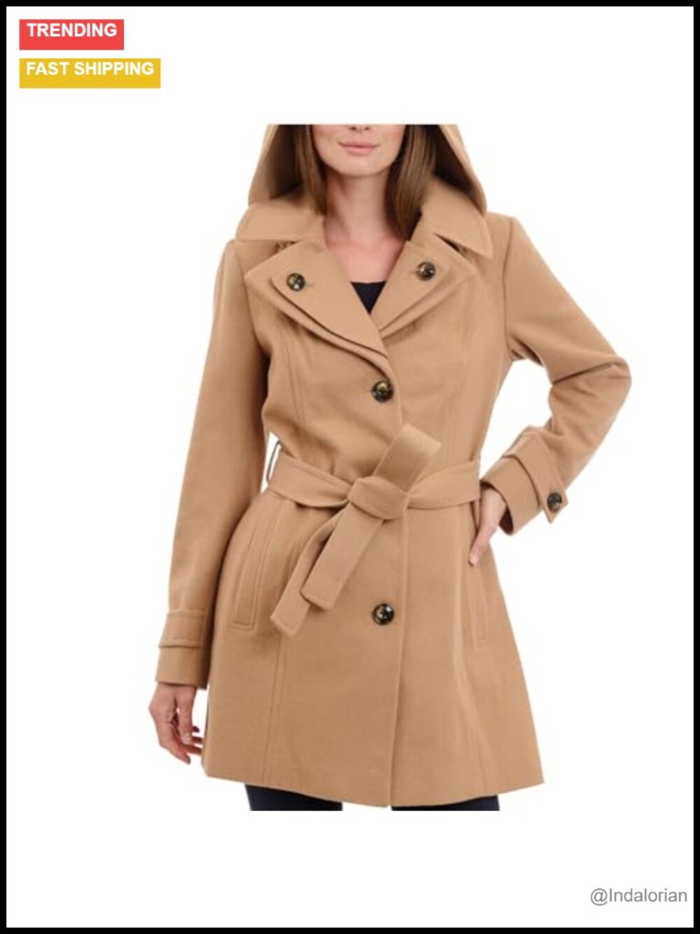 Wool Blend Double Lapel Thigh Length Button Front Coat With Belt